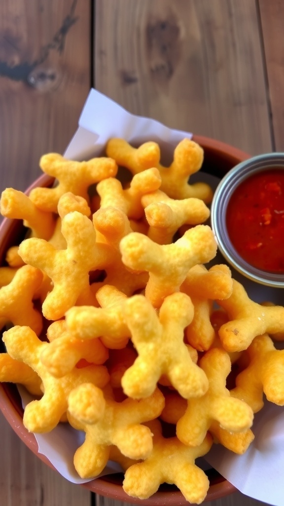 Crispy Kurkure-style snacks in a bowl with a spicy dip, on a rustic wooden table.